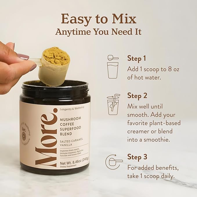 More. Longevity & Wellbeing Premium Mushroom Coffee Superfood – 7 Functional Mushrooms with Lions Mane Supplement, Reishi, Chaga & Ashwagandha Extract, Instant Coffee Alternative with Prebiotics and Essential Vitamins for Focus & Energy, Salted Caramel