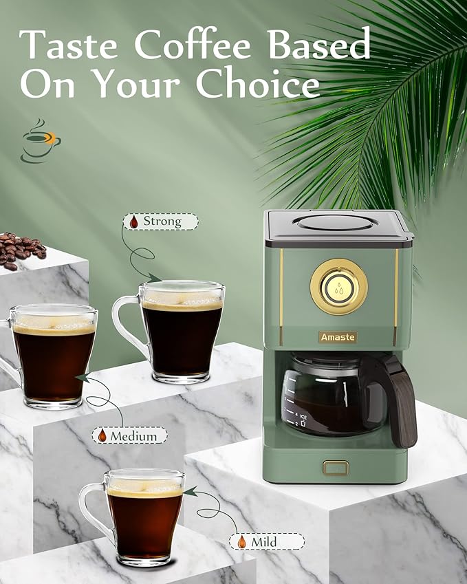 Amaste Drip Coffee Maker, Coffee Machine with 25 Oz Glass Coffee Pot, Retro Style Coffee Maker with Reusable Filter & Three Brewing Modes, 30minute-Warm-Keeping, Matcha Green