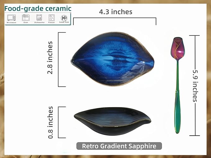 Coffee Spoon and Rest for Coffee Bar Accessories, Leaf Small Spoon Rest for Coffee Station, Tea Spoon Rest Tea Spoon Holder Teaspoon Rest, 1 PC (Retro Sapphire with Rainbow Rose Spoon)