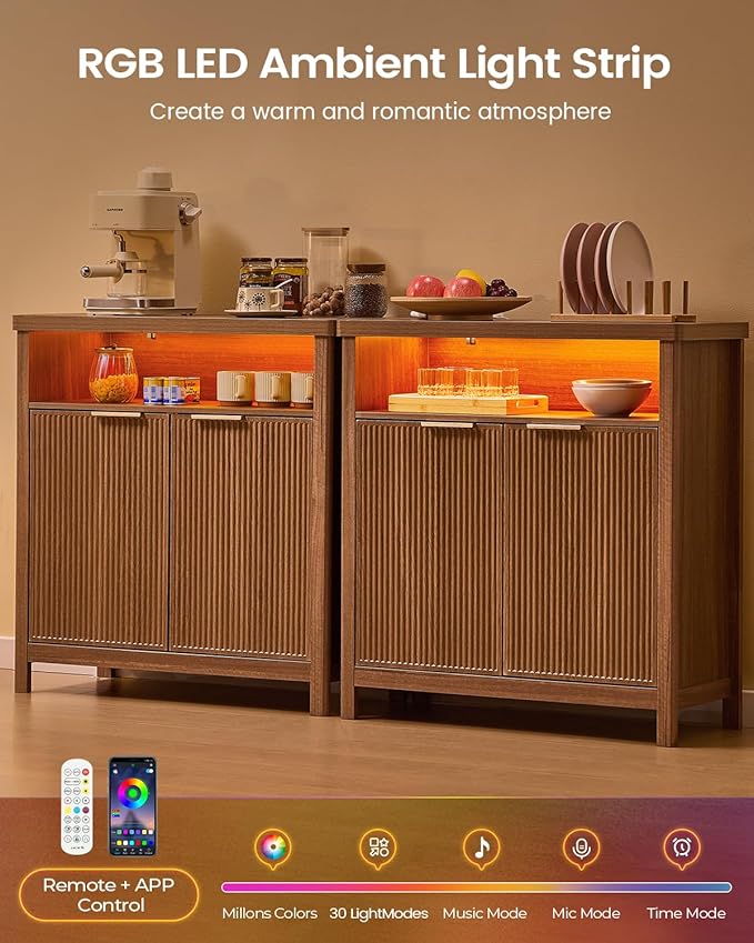 AOGLLATI Sideboard Buffet Storage Cabinet,Buffet Table with Storage & Led Lights, Coffee Bar Cabinet for Kitchen Entryway Living Room, Wood