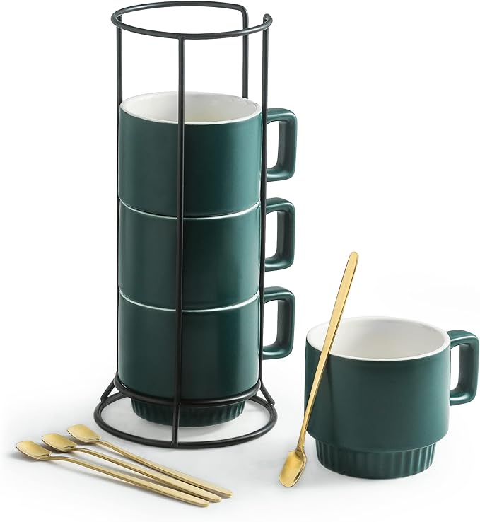 Stackable Coffee Mugs Set of 4 with Holder Spoons 11oz Ceramic Cappuccino Cups for Espresso Latte Tea Drinks, Dishwasher & Microwave Safe, Green