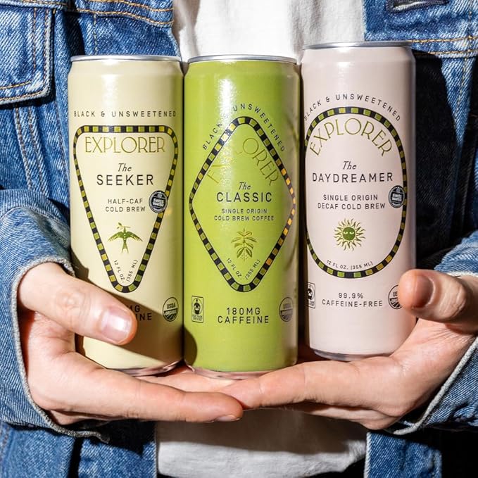Explorer Daydreamer Ready-to-Drink Organic Cold Brew Decaf Coffee, 99.9% Caffeine-Free, Black, Unsweetened, and Fair Trade, 12 fl oz (Pack of 12)