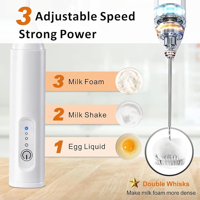 Rechargeable Milk Frother Handheld, USB-C Coffee Foam Maker with Stainless Steel Whisk ＆ 3 Speeds, Coffee Frother Electric Hand Drink Mixer Stirrer for Matcha, Powder Drink, Frappe, Xmas Gift (White)