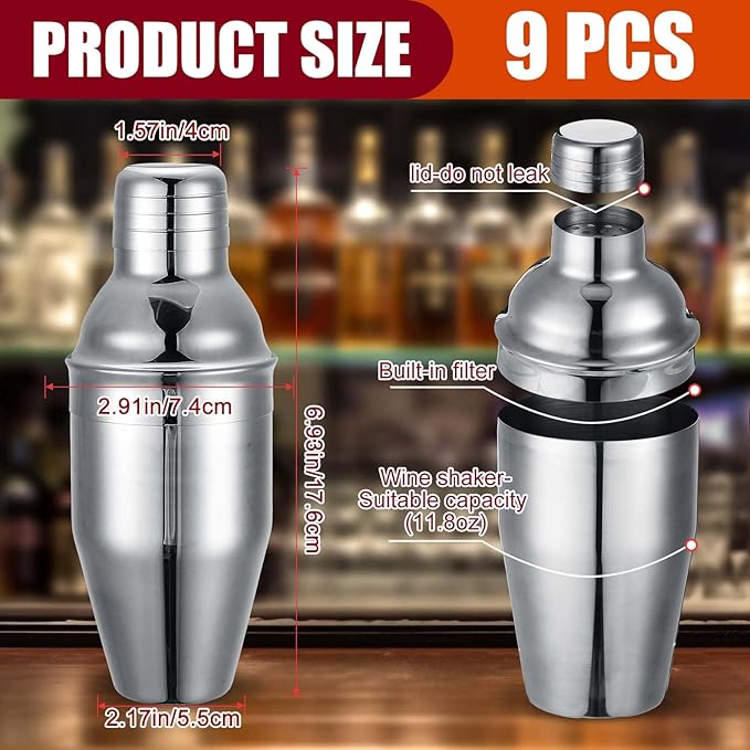 Nitial 9 Pcs Bar Cocktail Shaker Professional Stainless Steel Martini Drink Mixer Built-in Strainer for Bartending No Leaks Boston Shaker for Bar Party Drink Tool(Silver,11.8 oz)