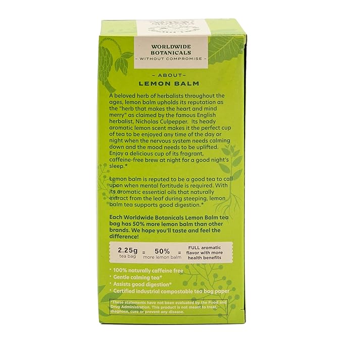 Worldwide Botanicals Organic Lemon Balm Tea, 25 Tea Bags - 50% more herbs with 2.25g per teabag - 100% Pure Lemon Balm Leaves, Kosher