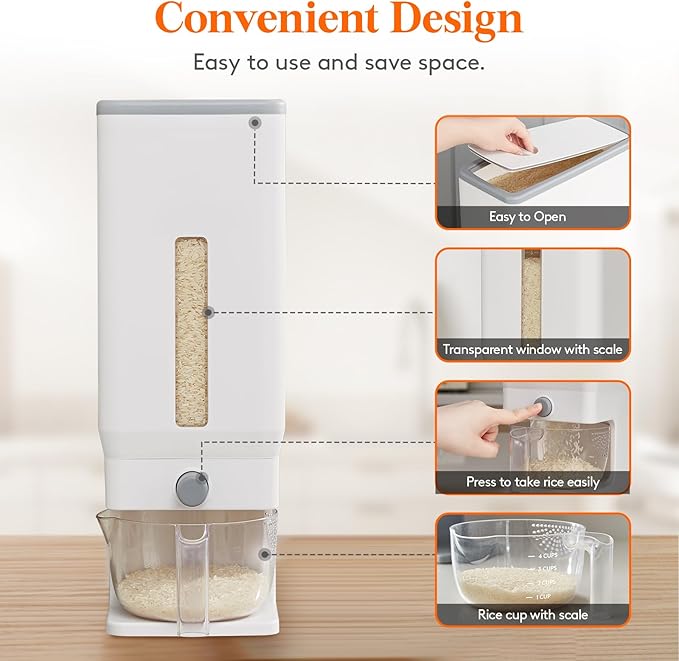 Lifewit Rice Container 25.4 Lbs, Rice Dispenser with Measuring Cup, Cereal Containers Storage, Sealed Moisture Proof Rice Bucket, Dry Food Grain Flour Soybean for Kitchen Pantry Household, White