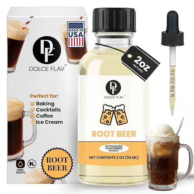 Dolce Flav Root Beer Extract - 2 Ounce Water-Soluble Multipurpose Flavoring Ideal for Baking, Beverages (Coffee, Water Mocktails), and Ice Cream - Root Beer Essence Perfect for Weight Management