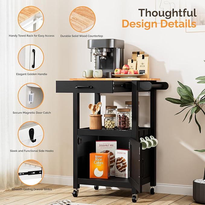 VINGLI Rolling Kitchen Cart with Microwave Stand, Storage Cabinet & Drawer, Coffee Cart with Side Hooks & Towel Rods, Small Kitchen Island on Swivel Wheels, Black
