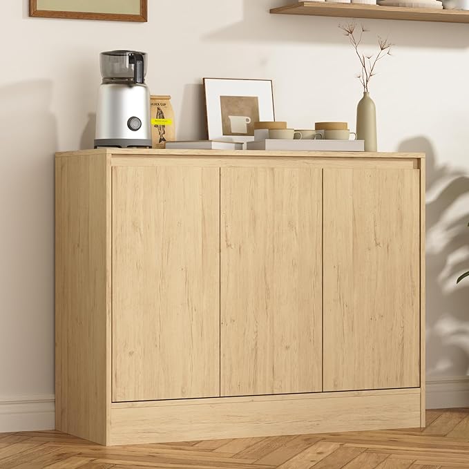 Buffet Cabinet with Storage, Coffee Bar Cabinet with 3 Doors and Adjustable Shelf, Modern Kitchen Buffet Sideboard for Living Room, Kitchen, Natural