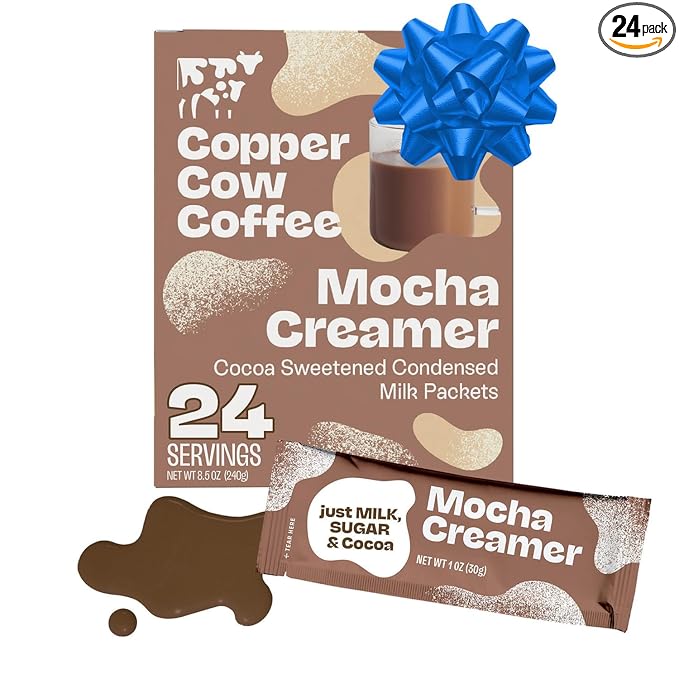 Copper Cow Coffee Sweetened Mocha Milk Creamer Singles (24 pack) | Vietnamese Inspired Coffee Creamer, All Natural Creamer Packets for Pour Overs & Lattes | No Refrigeration Needed, Travel Friendly