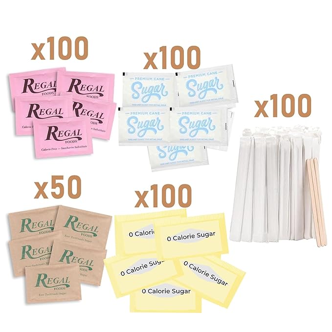 Sugar and Sweetener Packets Assortment with Wooden Coffee Stirrers Multiple Sizes and Varieties for Home Office Coffee Bar or Gift (450 Count – Sucralose & Aspartame Mix)