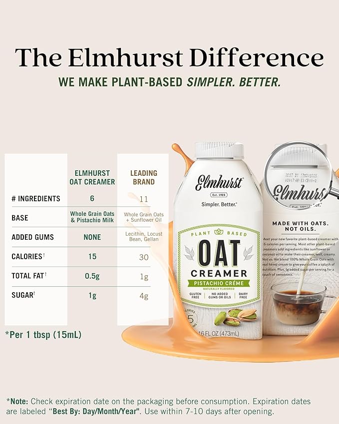 Elmhurst 1925 Pistachio Crème Oat Creamer - 16 Ounce (Pack of 6) Dairy-Free, Vegan, Kosher, Low Sugar, Shelf Stable Creamer Made with Oat Grains & Pistachios for Simpler Plant Based Alternatives
