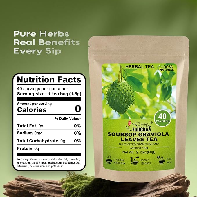 FullChea - Soursop Leaves Tea Bags, 40 Teabags - Premium Soursop Graviola Leaves - Hojas De Guanabana Tea - Non-GMO - Caffeine-free - Improve Digestion, Support Healthy Skin & Sleep