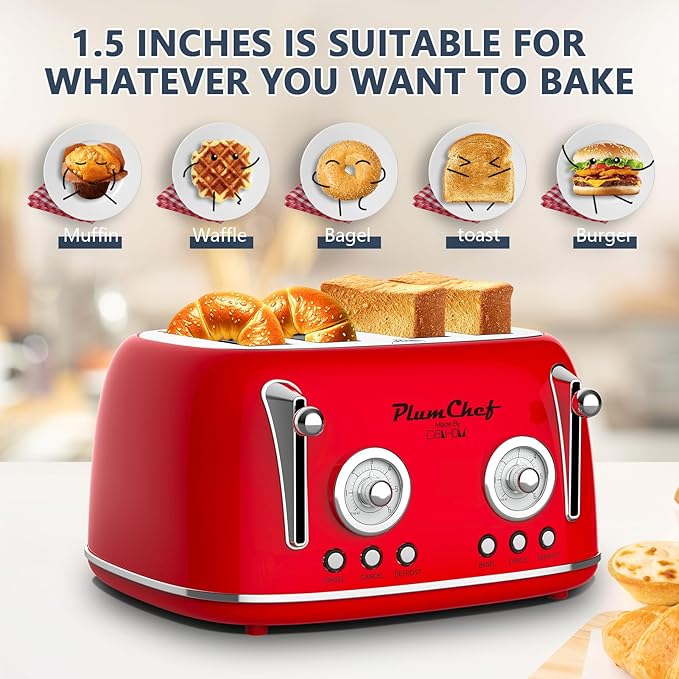 4 Slice Retro Style Toaster, Dual Control Toaster with Warming Rack, 6 Browning Settings, Bagel/Defrost Functions, Removable Crumb Tray, Stainless Steel Housing 1650W, Red