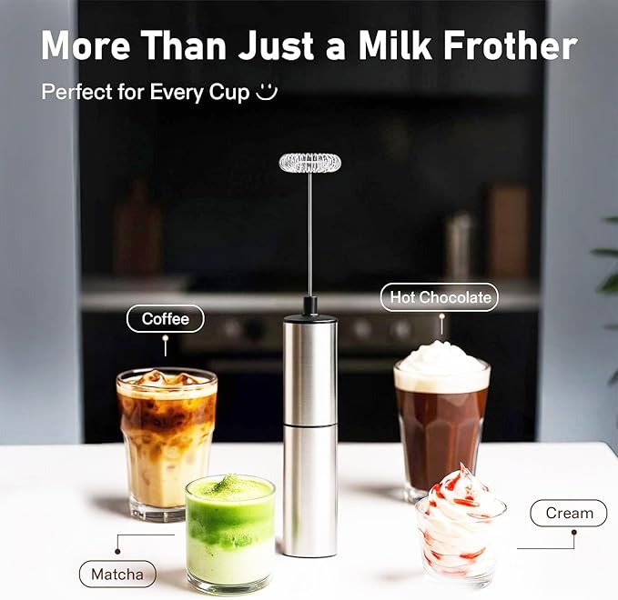 Premium Stainless Steel Electric Milk Frother | Battery Operated Foam Maker for Coffee, Latte, Matcha | Durable & Lightweight Handheld Frother for Creamy Foam | Ergonomic Design& Easy to Operate