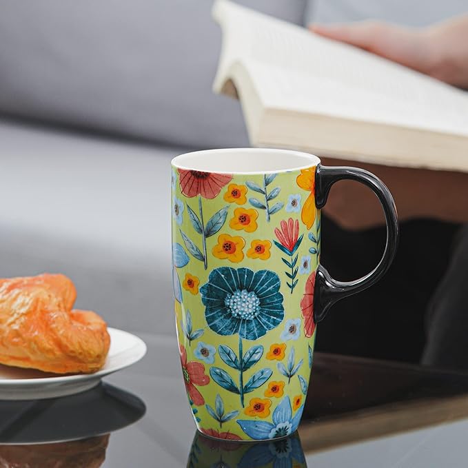 DUSVALLY Ceramic Coffee Mug Travel Cup Gift with Lid 17oz, Tea Cup with Handle for Latte, Cappuccino and Cocoa, Home and Office Porcelain Coffee Cups, Green Flower