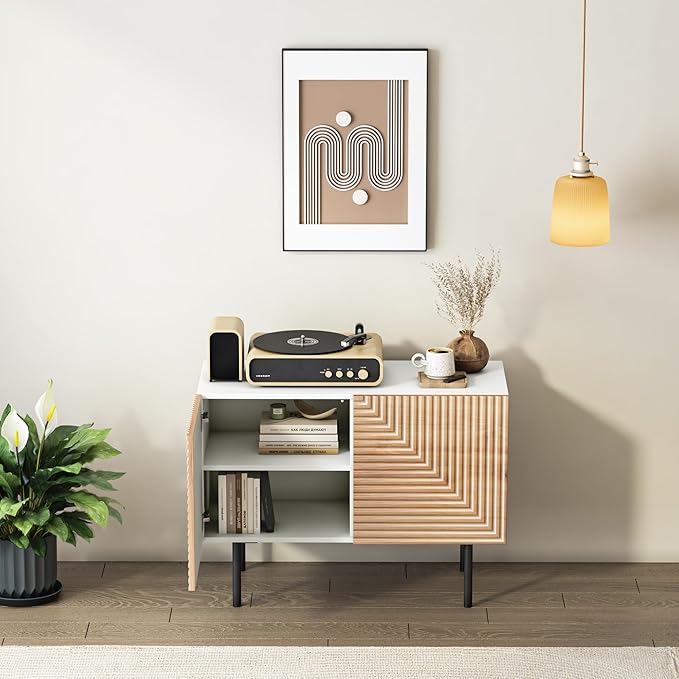 roomfitters Boho Sidboard Buffet Cabinet, Mid Century Accent Cabinet with Doors, Poplar Wood Print Carved and Geometric Design, Media Console for Living Room