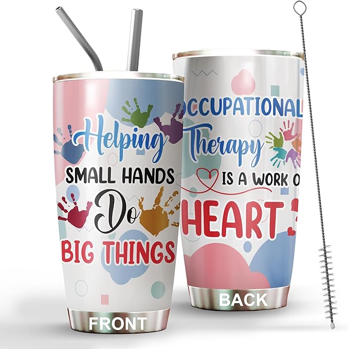 Occupational Therapist Tumbler Stainless Steel 20oz, Work Of Heart Help Small Hands OT Gift For Birthday Christmas, OT Gift For Women Men Staff Boss, World Occupational Therapy Day Tumbler Wrap
