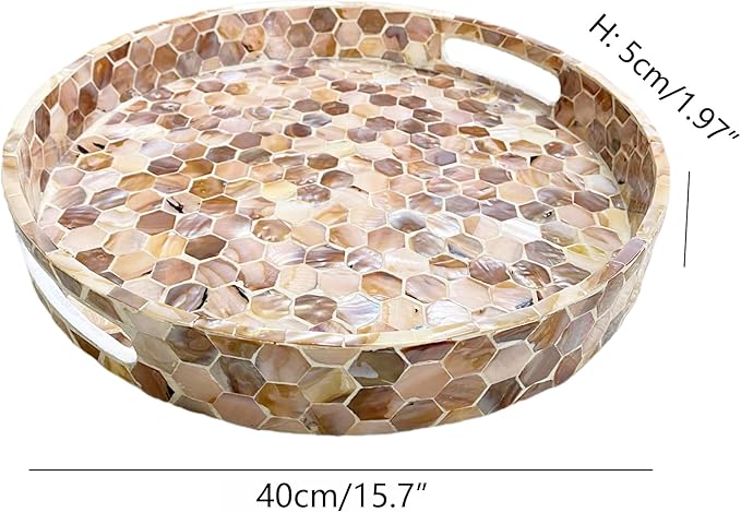 i-lan 16 Inch Mother of Pearl Inlay Decorative Serving Tray with Handles,Round Wooden Marble Decorative Mosaic Home Serving Tray Platter for Tea,Breakfast,Display