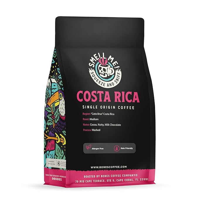 Bones Coffee Company Costa Rica Single-Origin, Cocoa, Nutty and Milk Chocolate Notes, Whole Coffee Beans, Low Acid Medium Roast Arabica Beans Flavored Coffee for Auto drip, 12 oz Whole Bean