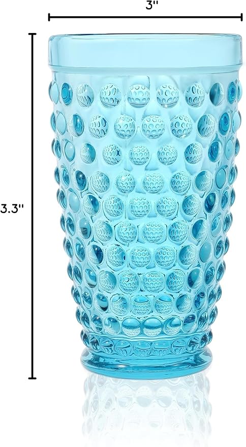 G Light Blue Hobnail Drinking Glasses 13 oz 6 Set, Premium Hobnail Highball Glasses,Vintage Glassware For Soda,Juice,Milk,Coke, Beer,Spirits In Dinner Parties, Stackable, Dishwasher Safe For Daily Use