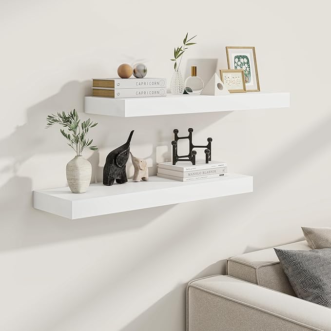9.3 Inch Deep Floating Shelves, White Solid Wood Floating Shelf Wall Mounted, 36 x 9 Large Display & Storage Shelves for Books, Living Room, Bathroom, Rustic Wooden Wall Shelves, Heavy-Duty, Set of 2
