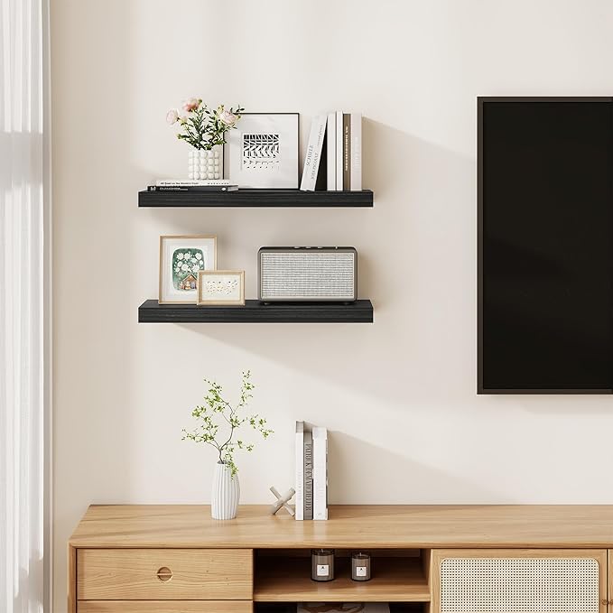Fun Memories Rustic Floating Shelves for Home Decor, 8 Inch Deep Floating Shelf, Solid Wood Floating Wall Shelves 24 Inch Long, Deep Wall Shelves for Bathroom, Living Room, Black Finsh, Set of 2