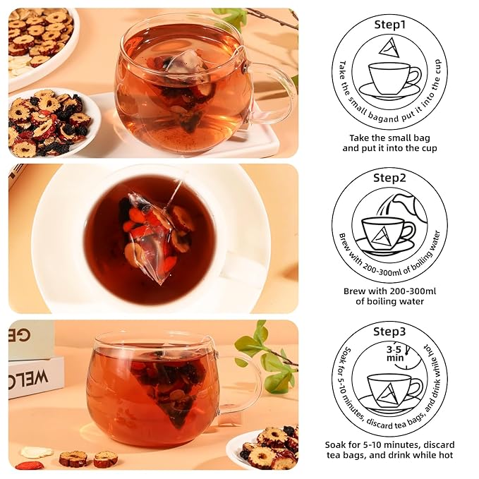 Ginseng Five Treasures Tea - 6 Precious Herbs Kidney Cleanse & Detox Tea, Traditional Chinese Organic Herbal Blend with Ginseng, Goji, Red Date for Men & Women (30 Bags)