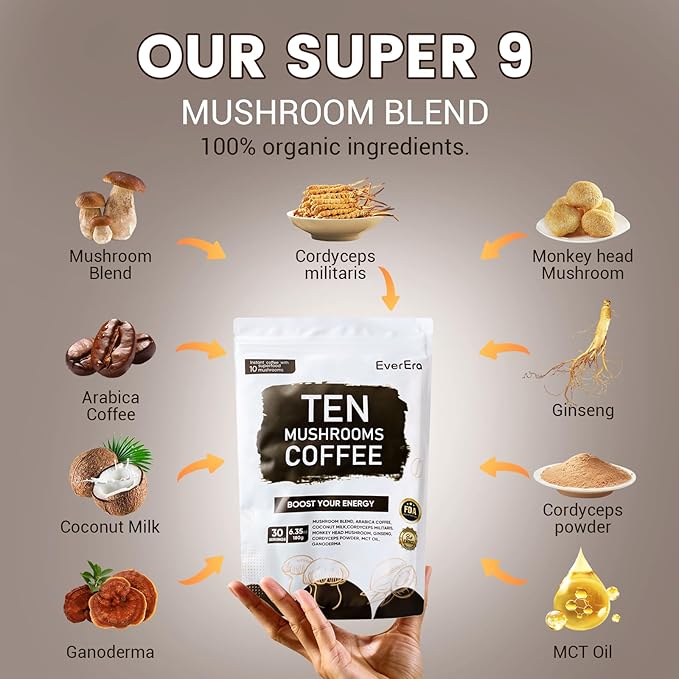 Organic Mushroom Coffee, 10-in-1 Blend Featuring Lions Mane, Cordyceps, Ginseng, and more. This Instant Coffee Boosts Energy, Digestion, and Immunity. Everyday Coffee Dose, 30 Servings