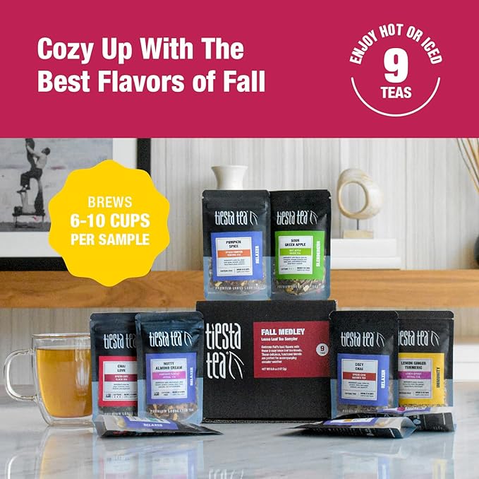 Tiesta Tea Fall Medley Dry Flight Set – Assorted Herbal, Black, Chai, and Fruit Tea Blends for Hot or Iced Brewing, Caffeine Free Loose Leaf Sampler Set with 9 Resealable Pouches