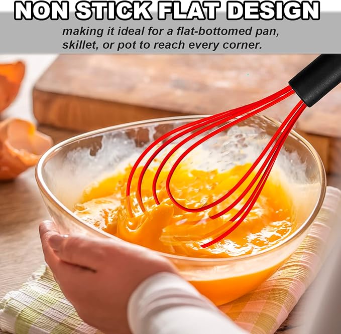 Anaeat Silicone Kitchen Whisk Set of 4, Perfect for Non-Stick Cookware, Milk and Egg Beater Blender for Whisking, Cooking, Baking, Beating - 11'' Flat Whisk and 9''+11''+12'' Balloon Whisks (Red)