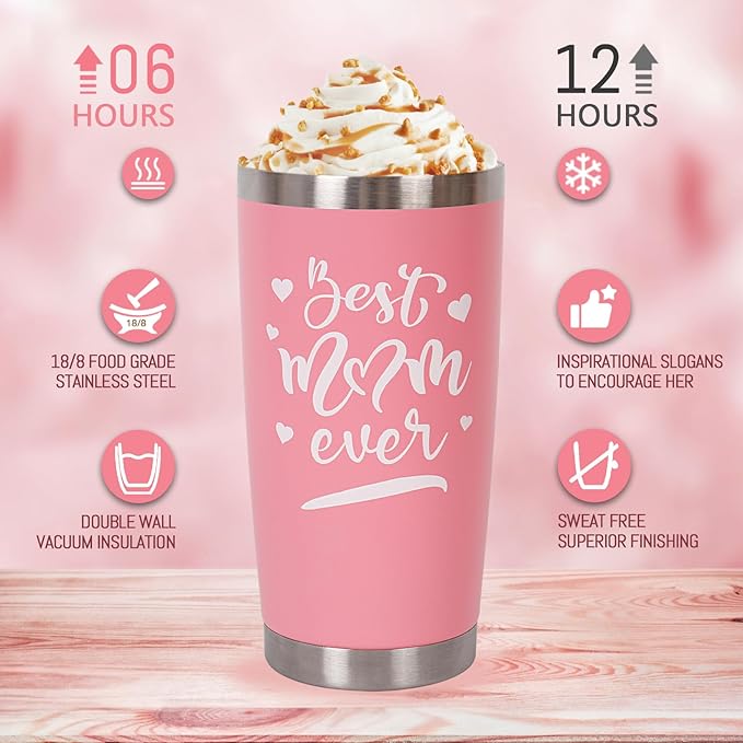 Best Mom Ever Gifts from Son Daughter, Happy Birthday Christmas Mothers Day Ideas Gift for Women Inspirational Thank You Present - 20 OZ Travel Coffee Tumbler