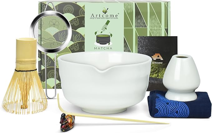 Artcome 7-Piece Matcha Tea Set - Complete Japanese Ceremony Kit with Bowl, Whisk, Scoop, Strainer & Guide, White