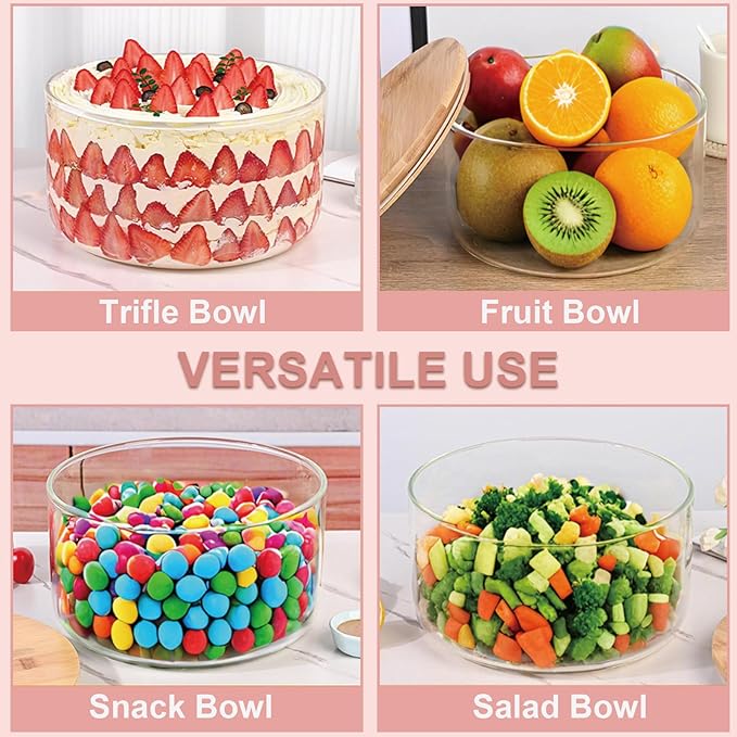 Large Salad Bowl, 8 Inch Trifle Bowl Glass with Sealed Lid, Versatile Mixing and Serving Bowl for Laying Ice Cream,Cake,Cupcake,Salad,Fruit,Baking,Dessert and Party Diy, Microwave Safe