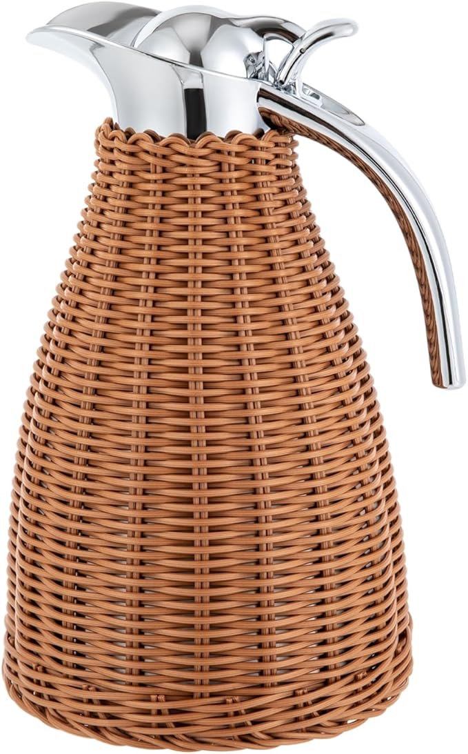 Stainless Steel Coffee Thermal Jug 1.5L/0.4 Gal Rattan Thermal Jug Double Walled Vacuum Insualted Jug with Handmade Rattan Body for Hot Liquids Keeping Hot with Silicone Lid for Home Coffee Shop
