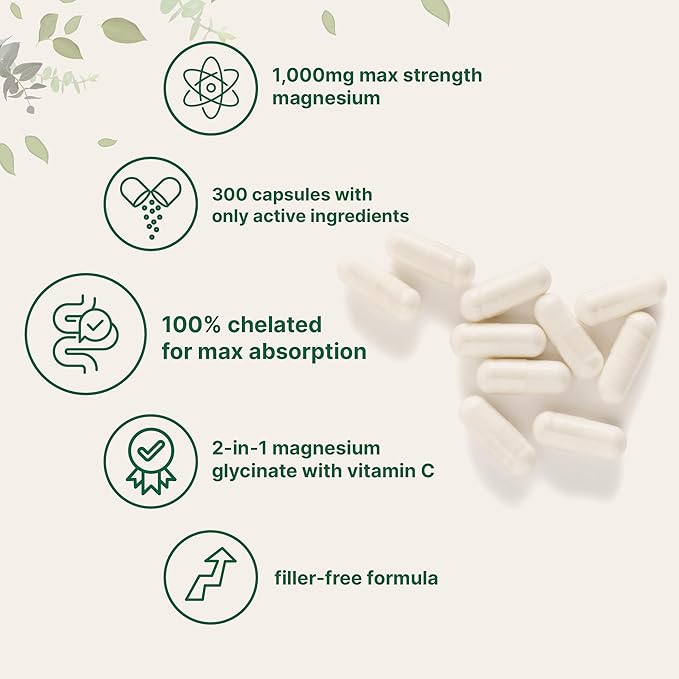 Pure Magnesium Glycinate 1,000mg, 300 Capsules | 100% Chelated for Max Absorption | Support for Sleep, Muscle, Heart & Nerve Health* | Enhanced with Vitamin C | Only Uses Active Ingredients