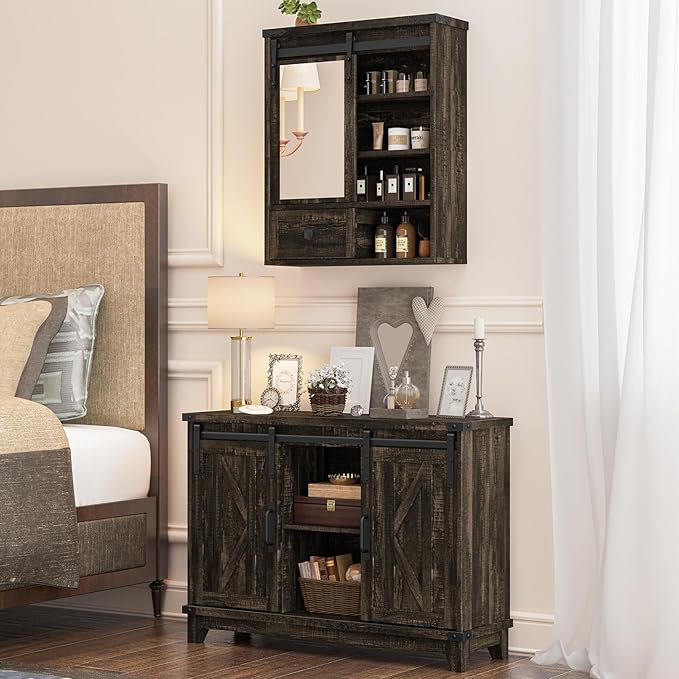 Vabches Cube Storage Organizer, Sliding Doors Coffee Bar Cabinet with Storage Farmhouse Sideboard Buffet Cabinet with Adjustable Shelves Coffee Bar for Kitchen Home Office Dining Room