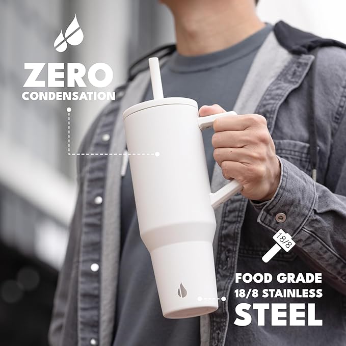 Elemental 40 oz Tumbler with Handle and Straw - Spill Proof Insulated Stainless Steel Commuter for Hot and Cold Beverages - Travel Coffee Mug with 2 Straws & Spill Proof Lid - 40oz - White