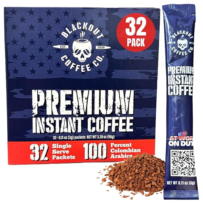 Blackout Coffee Colombian Arabica Instant Coffee – Medium Roast, Strong Aromatic, Single Serve Packets – Premium Quality 32 Count.
