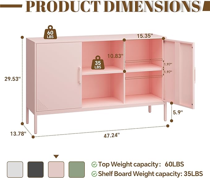 Metal Storage Cabinet,Metal Pink TV Stand,Coffee Bar Buffet Cabinet Kitchen Sideboard Storage with Adjustable Shelves for Living Room Bedroom