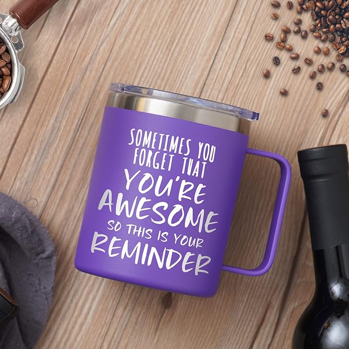 NOWWISH Inspirational 14oz Purple Mug with Handle, Sometimes You Forget You're Awesome Stocking Stuffer for Women, Unique Christmas Birthday Gifts for Her, Mom, Daughter, Wife