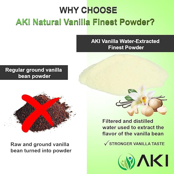 Aki Fine Vanilla Powder Extract From Beans (5.29oz/150g) - Water Extracted Powder Ideal For Baking, Cooking Flavoring - Delicious Vanilla Flavor & Easy to Add in Smoothies & Coffee, Non-GMO & Alcohol-Free