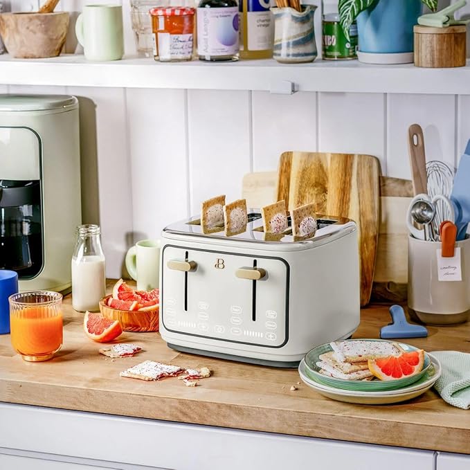 Beautiful 4 Slices Toaster - 7 Shade Settings, Touch Display, Extra-Wide Slots for Bagels, Gluten-Free & Frozen Presets, LED Countdown, Removable Crumb Tray, 1800-watt toasting (White Icing)