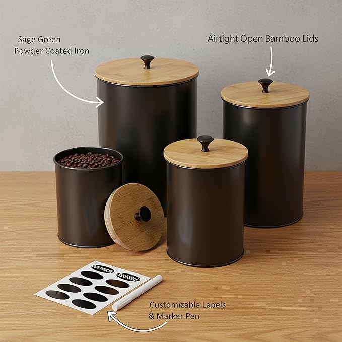 Modern Kitchen Canister Set, Black Metal with Bamboo Lids, Airtight Food Storage Containers, Set of 4, Chalkboard Labels