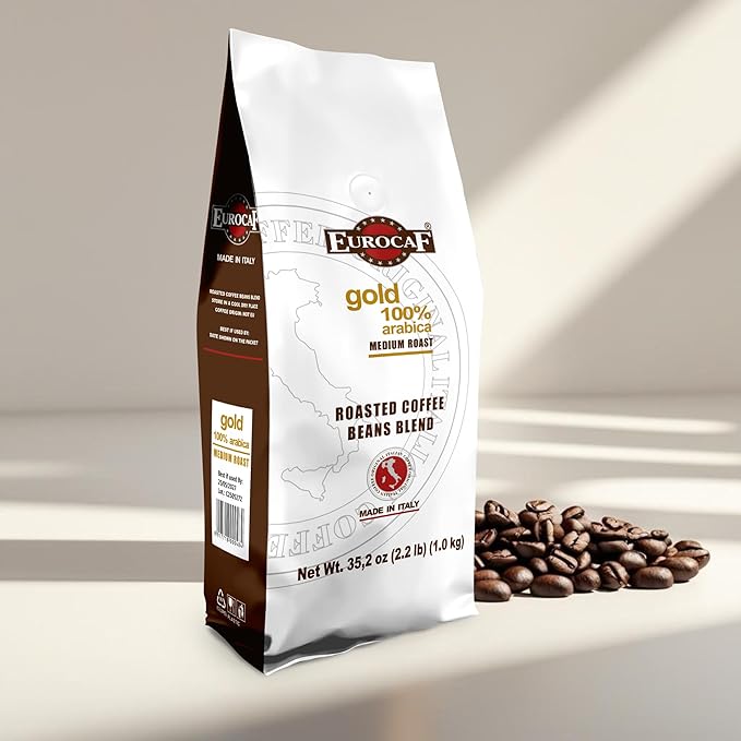 Eurocaf Blend Gold 100% Arabica, Whole Bean Coffee, Medium Roast, 2.2 Ib, Original Italian Coffee (Pack of 1)