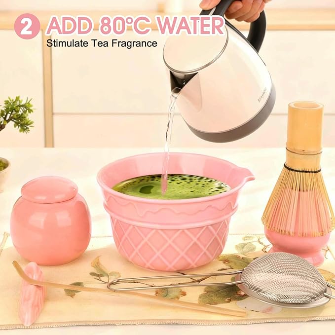 Sakura Pink Matcha Whisk Set-8pcs,Japanese Tea Set Includes Matcha Bowl with Ice Cream Design, Tea Mat and Matcha Canister, 16OZ Matcha Kit for Ceremony