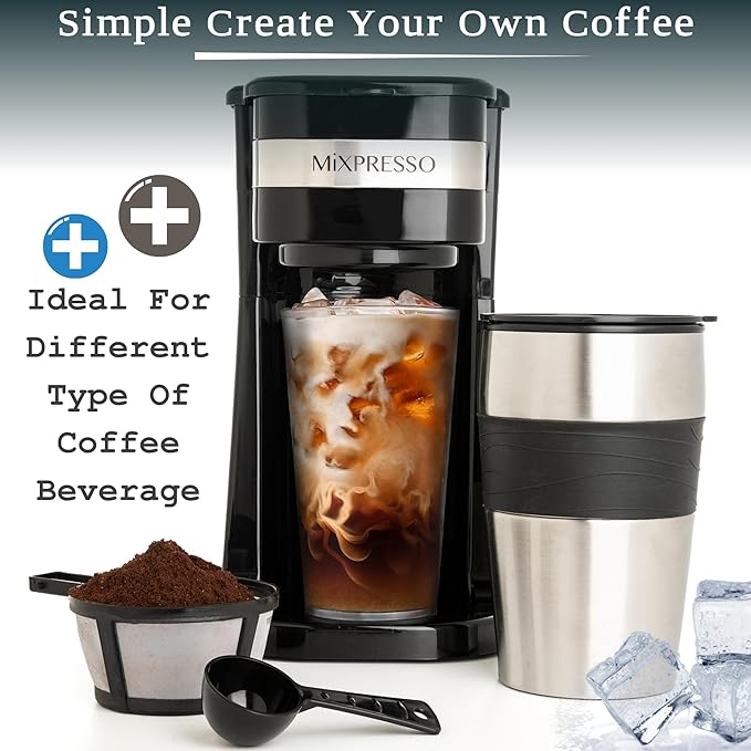 Mixpresso Personal Single-Serve Coffee Maker & 14oz Travel Mug, Drip Small Coffee Maker & Tumbler, Auto Shut Off & Reusable Filter, Compatible with Coffee Grounds Bundle With Electric Milk Frother - L
