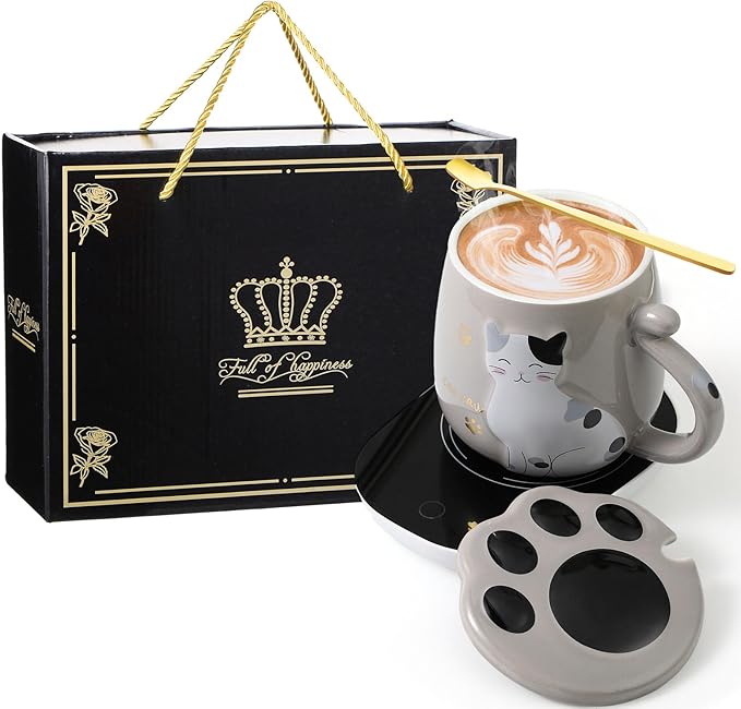 Honeydak Coffee Mug Warmer Cute Cat Mug Set Cup Warmer for Desk for Women Heated Coffee Warmer for Mom Home Office Christmas Birthday Gifts(Gray)
