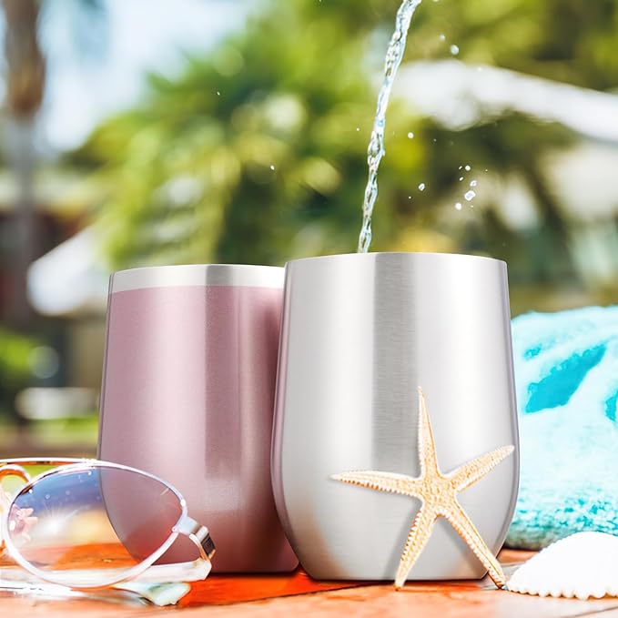 COMOOO 12oz Wine Tumbler with Lid and Straw, Stainless Steel Stemless Wine Tumbler, Double Wall Vacuum Insulated Wine Tumbler Cups for Wine, Coffee, Ice Cream, Champaign, Silver