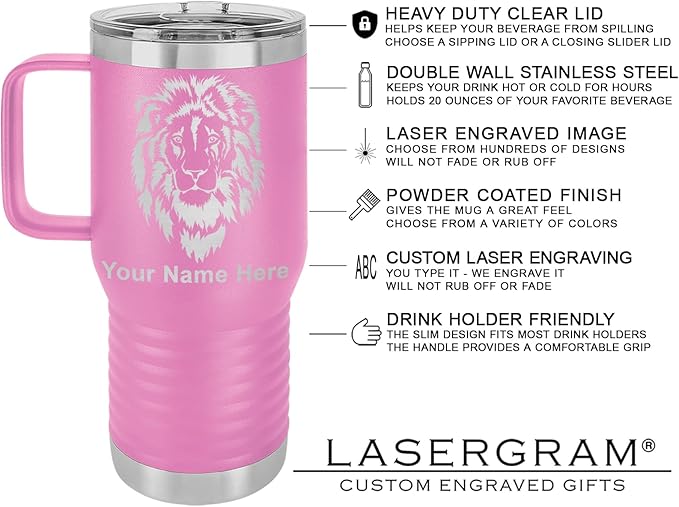 LaserGram 20oz Vacuum Insulated Travel Mug with Handle, Sushi, Personalized Engraving Included (Light Purple)